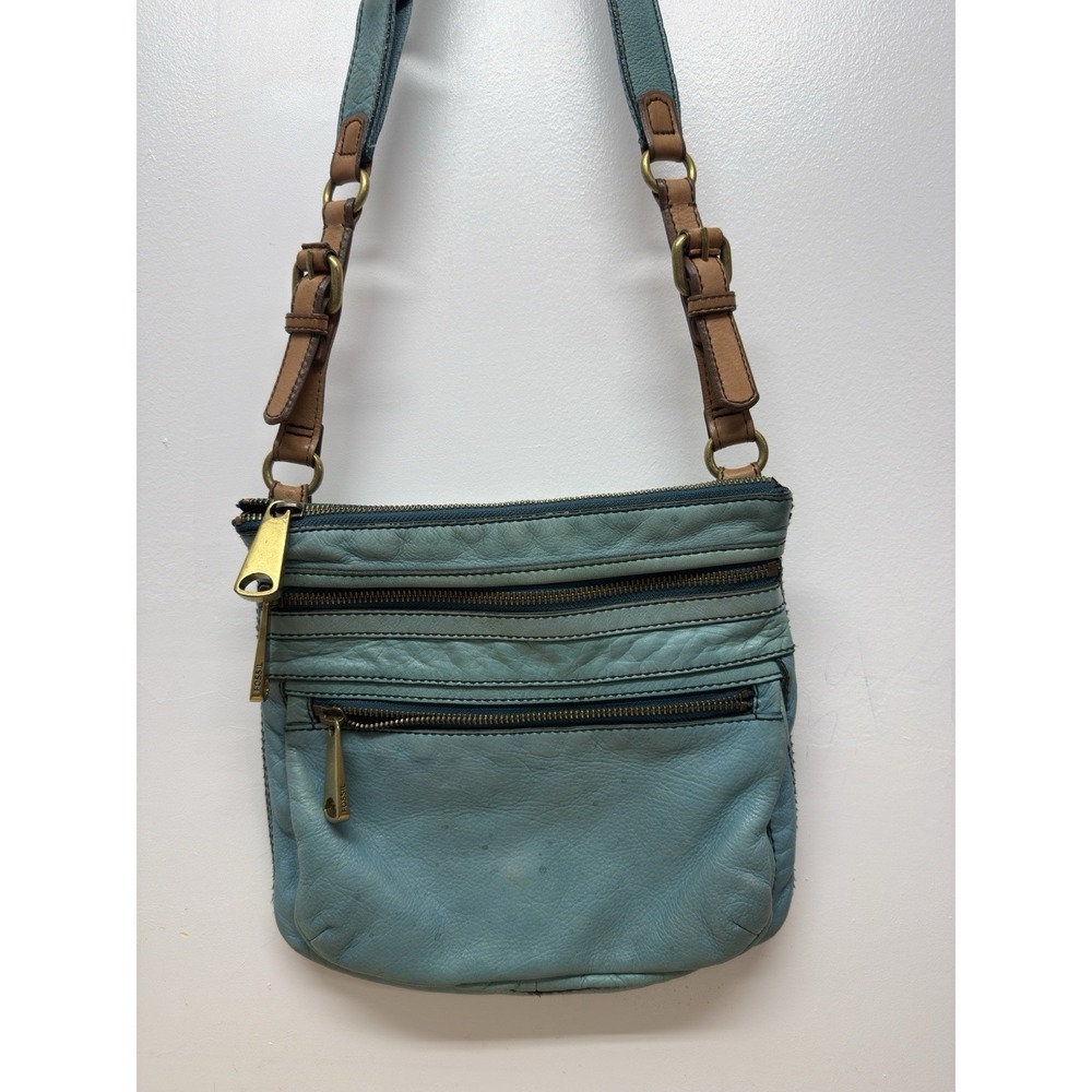 Fossil Explorer Teal Natural Soft‎ Leather Crossbody Purse Vintage 3 Zippers #34